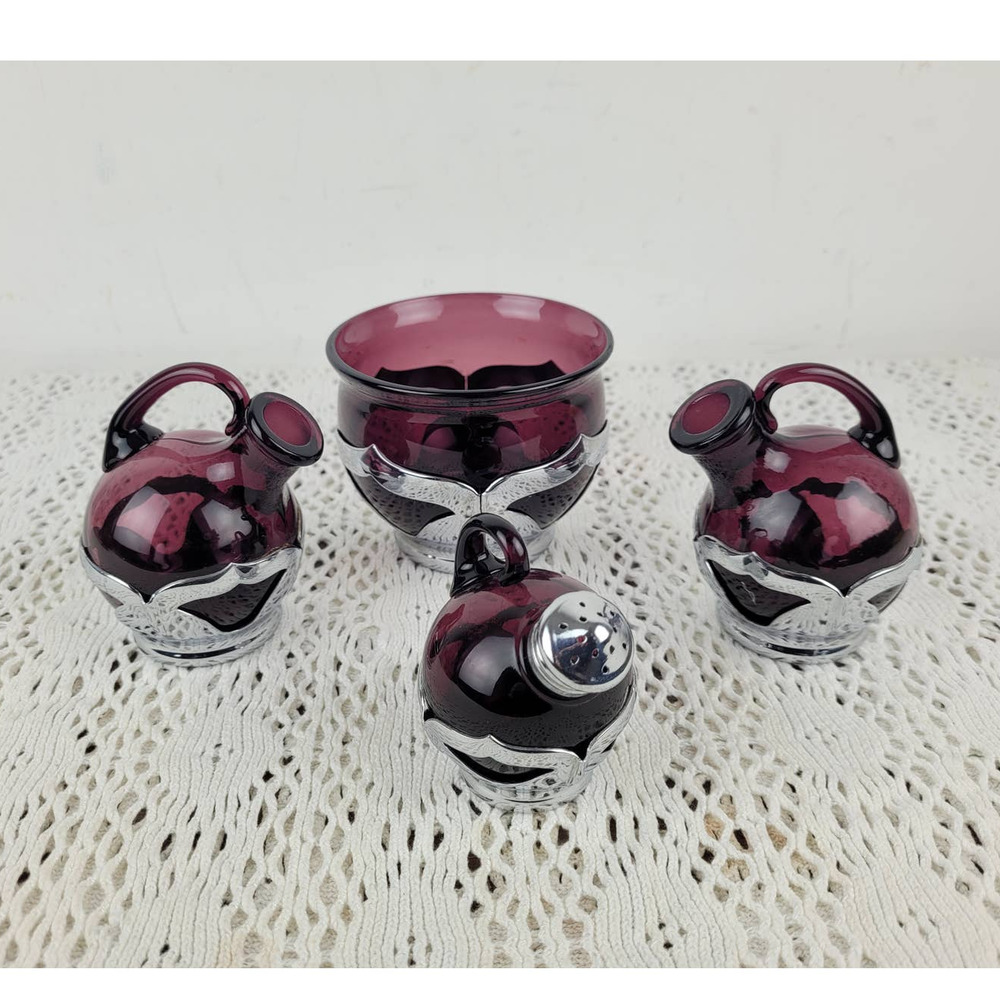 Vintage 1950s Farber Bros Cambridge Purple Amethyst Oil Vinegar Cup Shaker Set